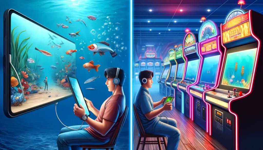 playtime fishing shooting game illustration with download, login, and register options
